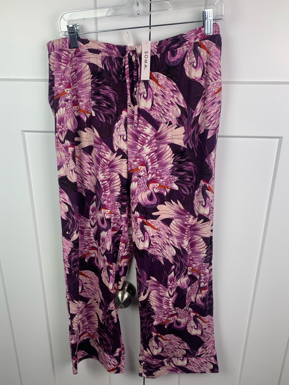 NWT Soma LARGE Cool Nights Pajama Pants Purple Courting Cranes Blackberry Lounge